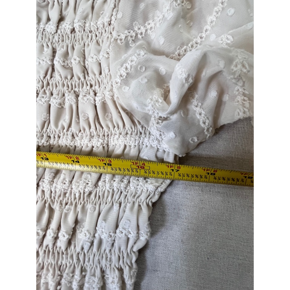 Cider Cream Smocked Peplum Blouse sz M Mock Neck Swiss Dot Embroidered Romantic - Picture 9 of 16